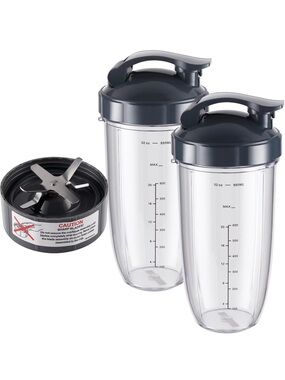 Set of 2 Clear Protein Shaker Bottles with Dark Gray Lids w/NutriBullet blade